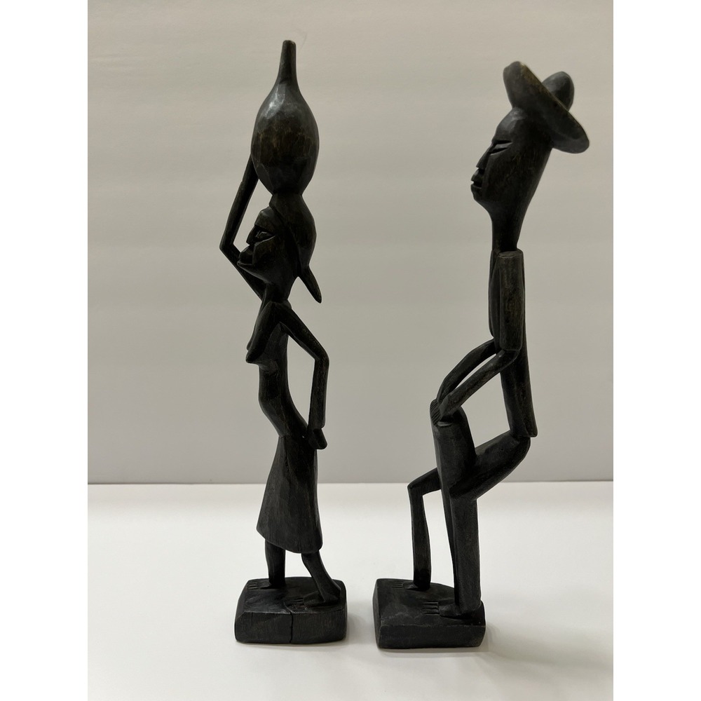 Two Hand-Carved Wooden African Sculptures Dark Stain Elongated Home Decor 13.5"